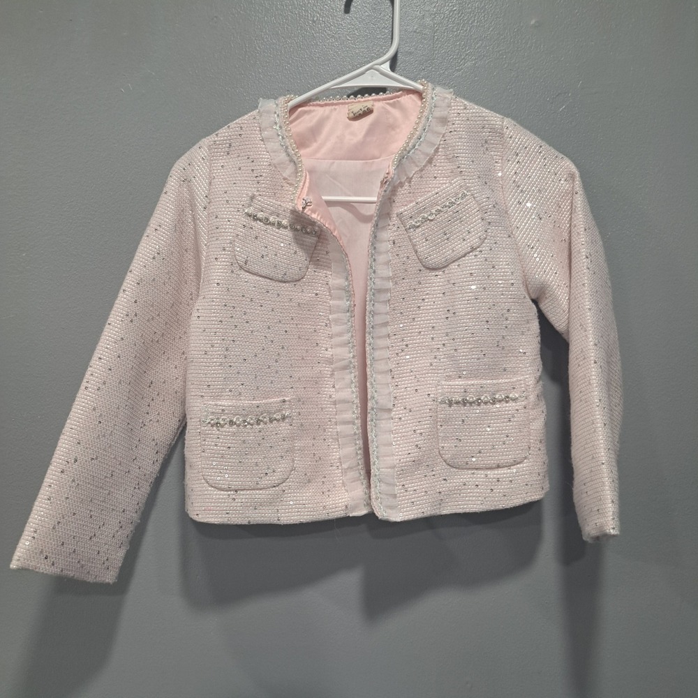 Ornate Pink Sequin Tweed Jacket‎ Pearl Trim Girls Formal Party Chic Hook Closure